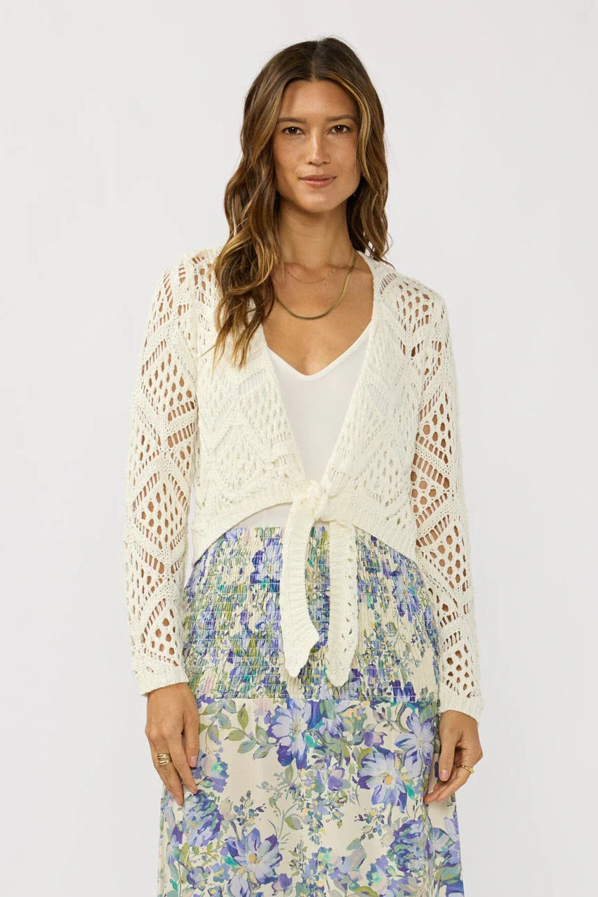 Vanilla open crochet long-sleeve top with tie-front overlay