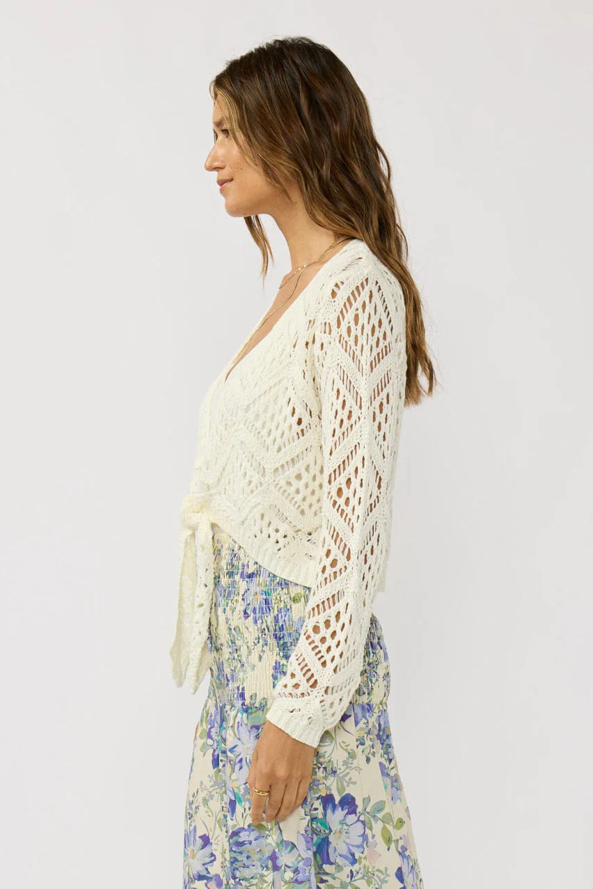 Vanilla open crochet long-sleeve top with draped tie-front