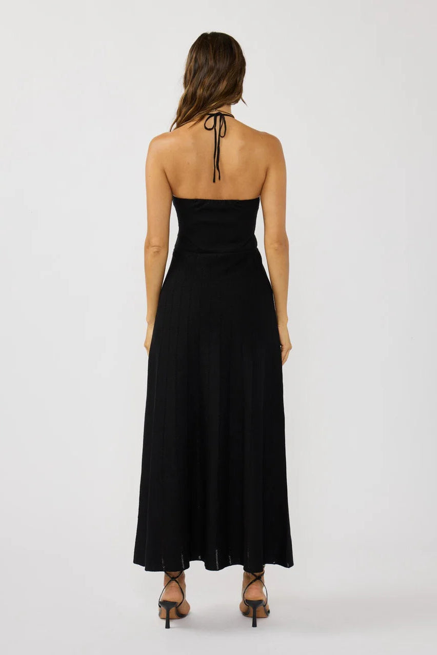 RUCHED HALTER KNIT DRESS IN BLACK BACK VIEW