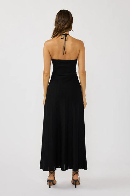 RUCHED HALTER KNIT DRESS IN BLACK BACK VIEW