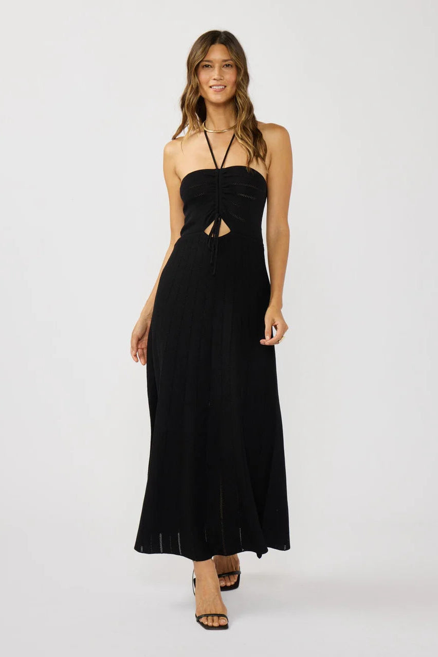 RUCHED HALTER KNIT DRESS IN BLACK FRONT VIEW