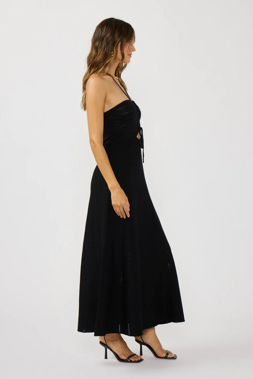 RUCHED HALTER KNIT DRESS IN BLACK SIDE VIEW