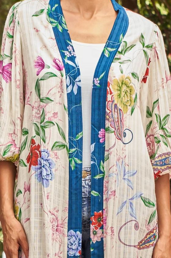 Bishop sleeve duster in floral paisley closeup front view