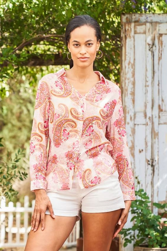 Voile long sleeve shirt in pink front view