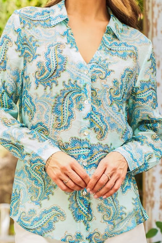 Voile long sleeve shirt in turquoise closeup front view