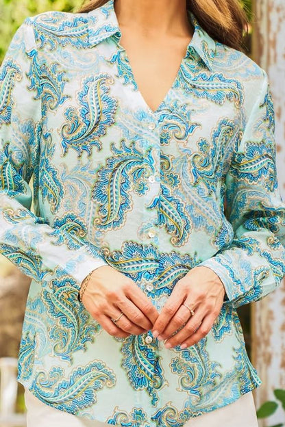 Voile long sleeve shirt in turquoise closeup front view