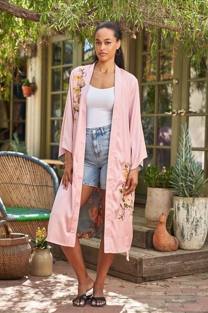 Reversible duster with tie in Taisay pink side front view