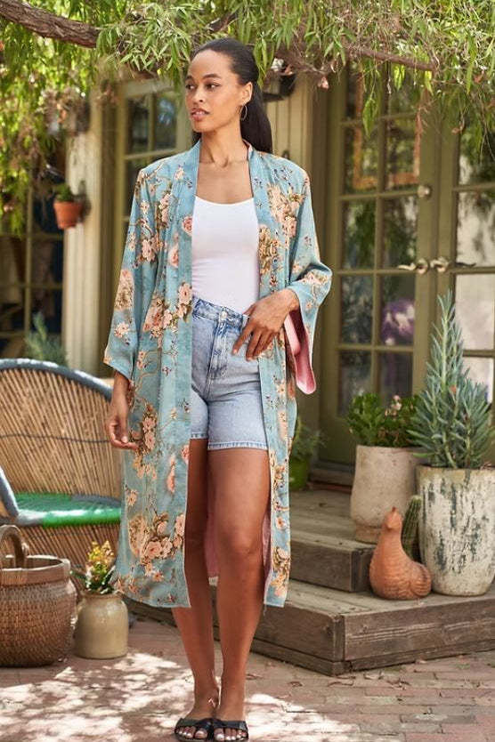 Reversible duster with tie in Taisay blue side front view