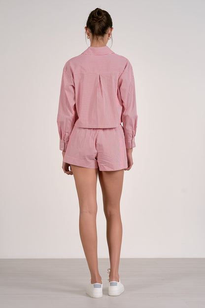 BUTTON DOWN COLLAR CROP TOP IN RED STRIPE BACK VIEW