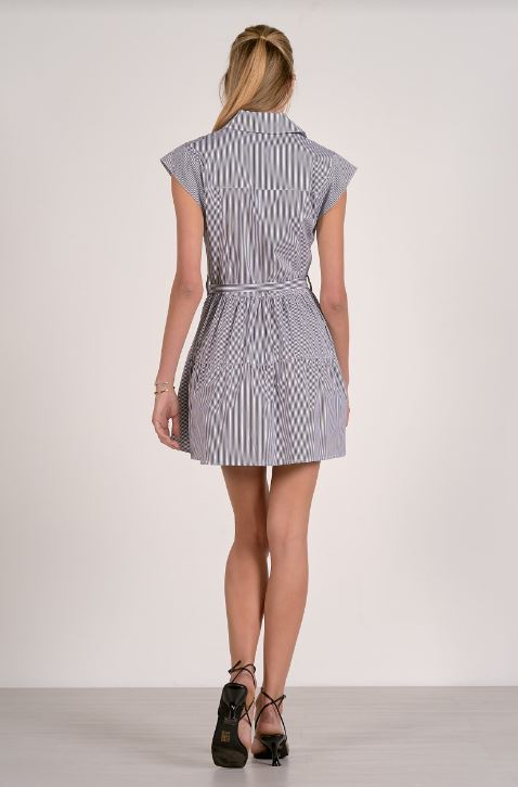 Back view: striped cap sleeve tiered belted dress with gathered waist