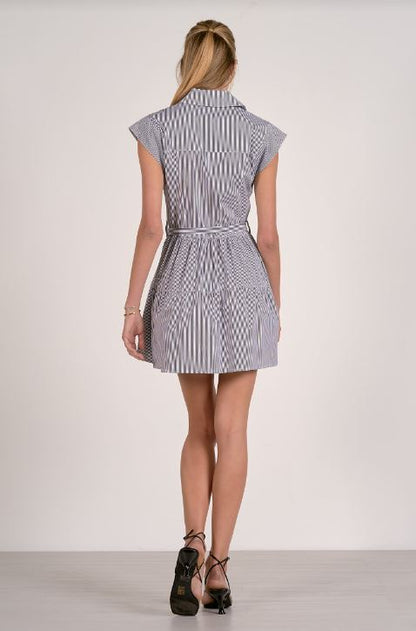 Back view: striped cap sleeve tiered belted dress with gathered waist