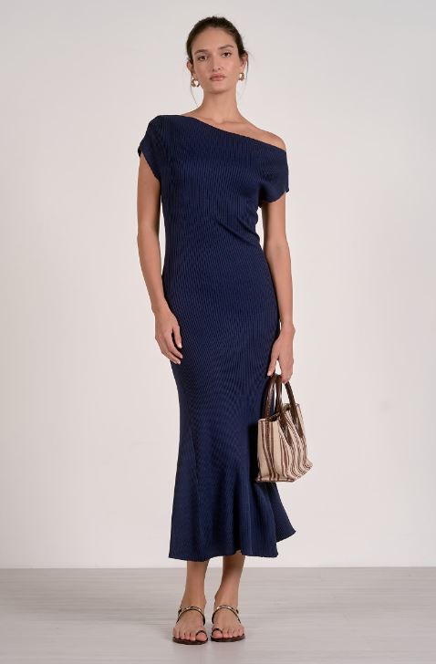 Navy cap-sleeve maxi dress with one-shoulder neckline and ruched knit fabric