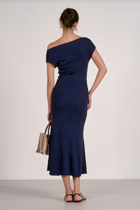 Navy cap-sleeve maxi dress, back view, ruched knit with fitted waist and flared hem