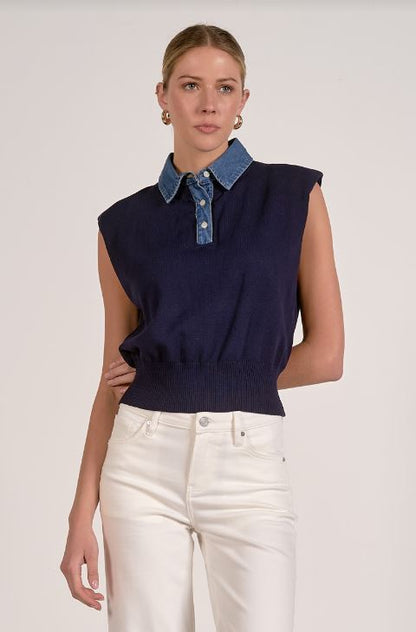 Cap sleeve mixed media sweater denim collar in Navy front view
