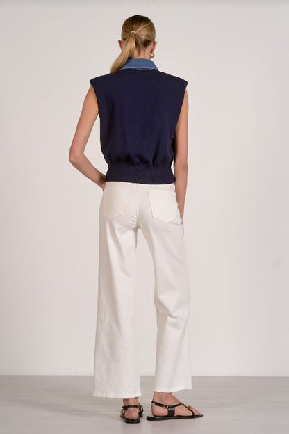 Cap sleeve mixed media sweater denim collar in Navy back view