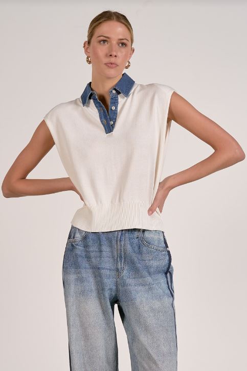Cap sleeve mixed media sweater denim collar in off white front view