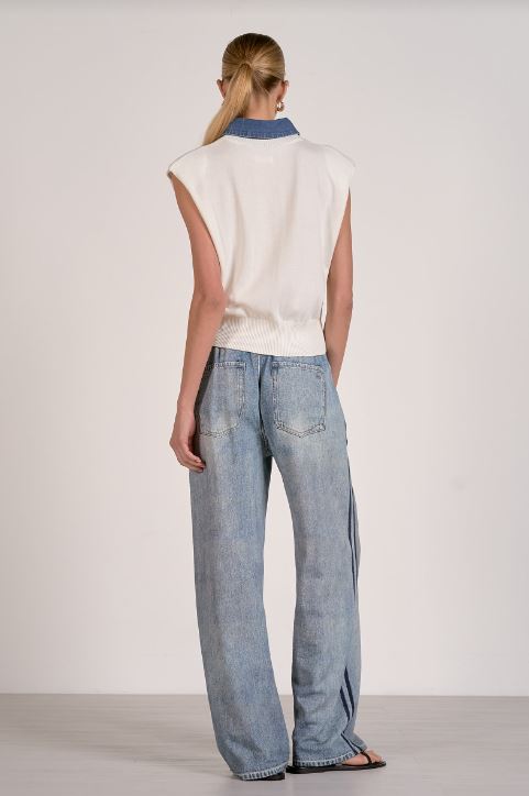 Cap sleeve mixed media sweater denim collar in off white back view