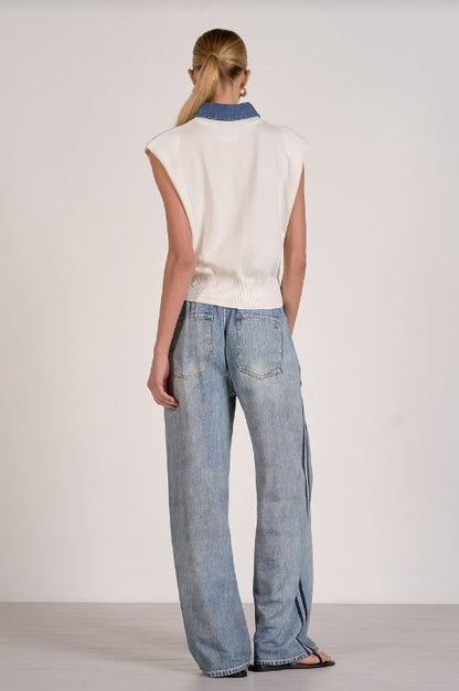 Cap sleeve mixed media sweater denim collar in off white back view
