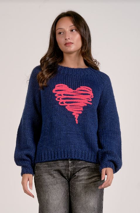 Crewneck sweater in navy with pink heart front view