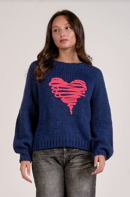 Crewneck sweater in navy with pink heart front view