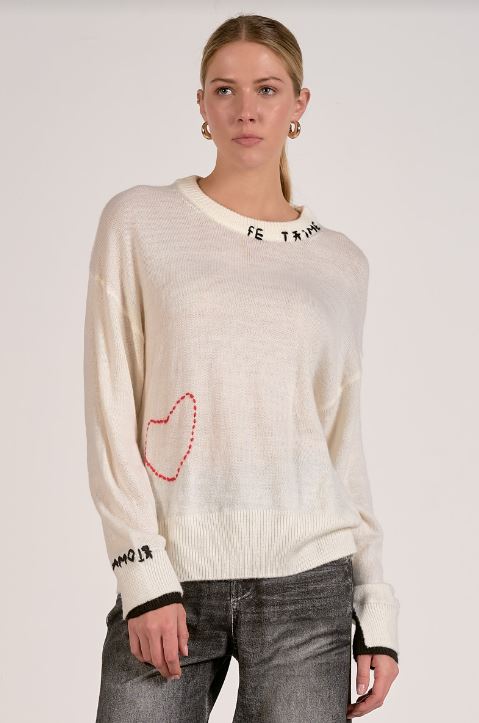Je'Taime crewneck sweater with stitched heart in white front view