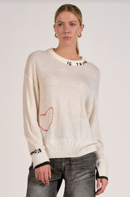 Je'Taime crewneck sweater with stitched heart in white front view