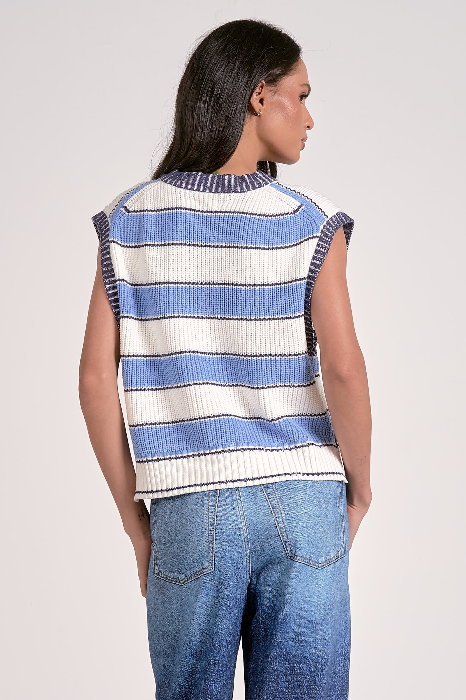 DEEP V SWEATER VEST IN LIGHT BLUE STRIPE BACK VIEW