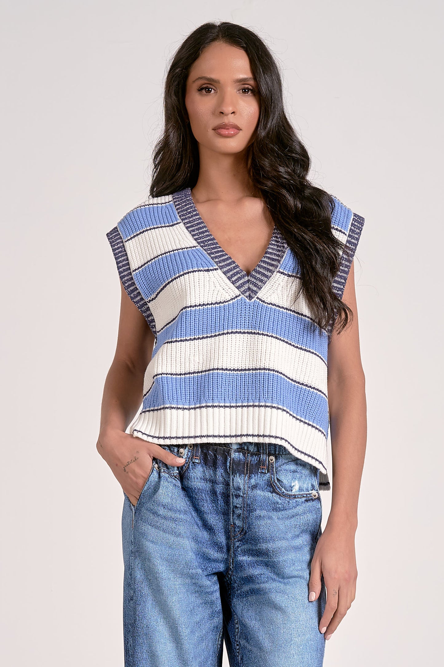 DEEP V SWEATER VEST IN LIGHT BLUE STRIPE FRONT VIEW