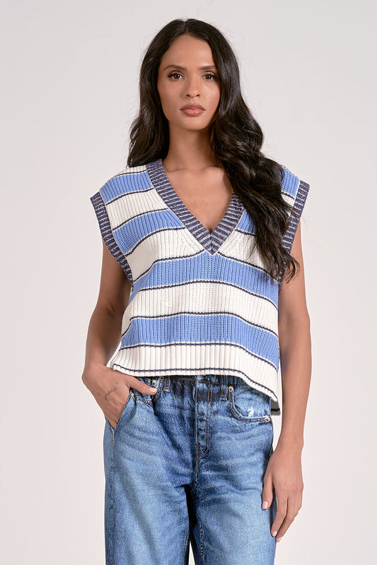 DEEP V SWEATER VEST IN LIGHT BLUE STRIPE FRONT VIEW
