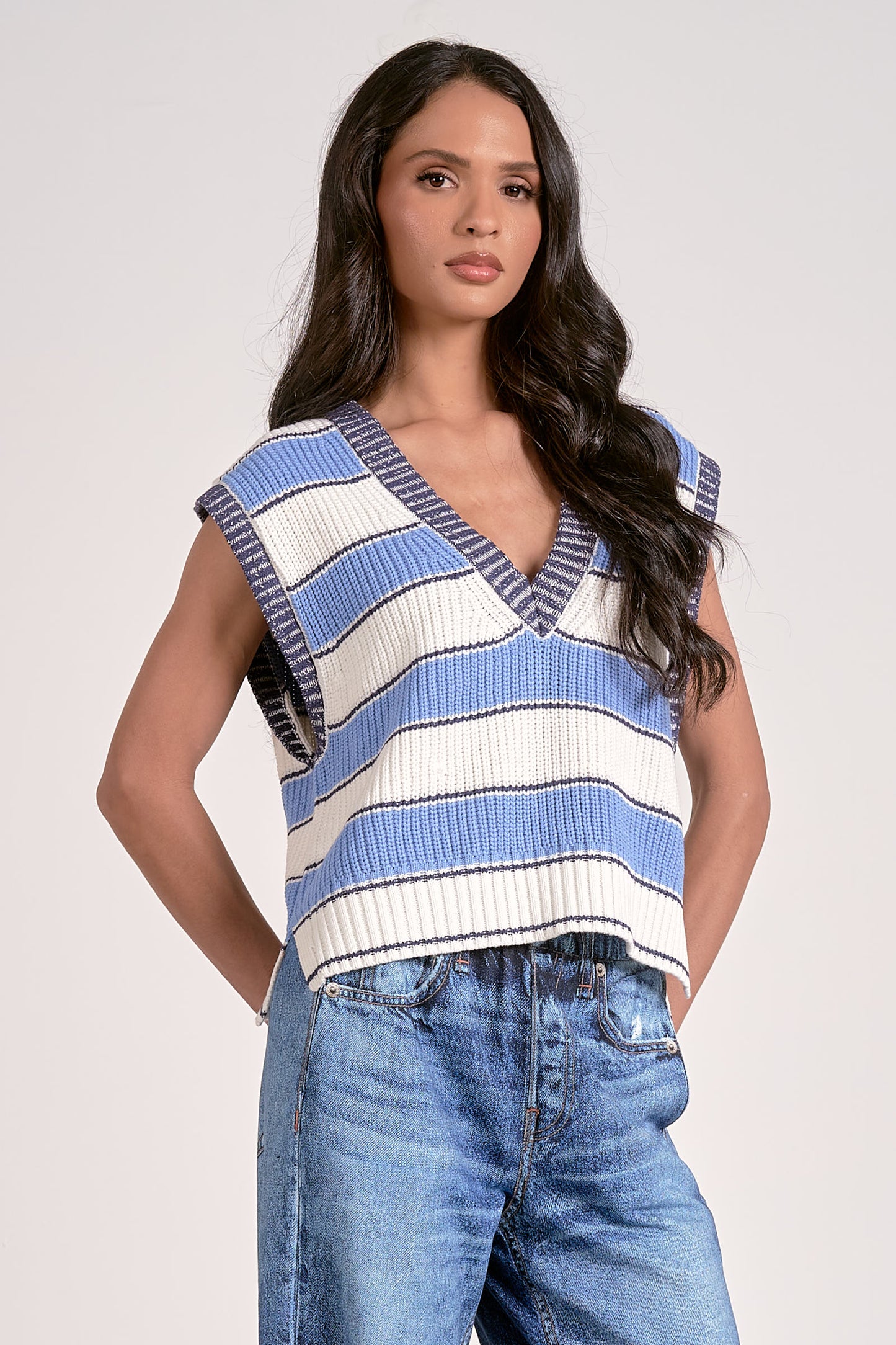 DEEP V SWEATER VEST IN LIGHT BLUE STRIPE SIDE VIEW