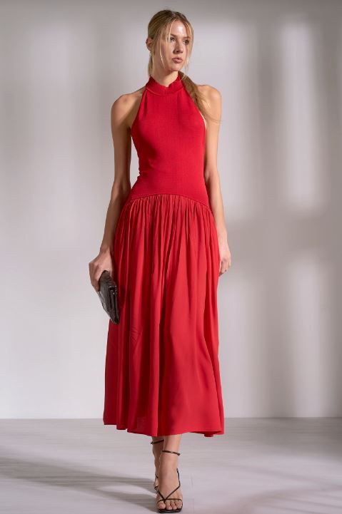 Red sleeveless high-neck maxi sweater dress with gathered waist and pleated skirt