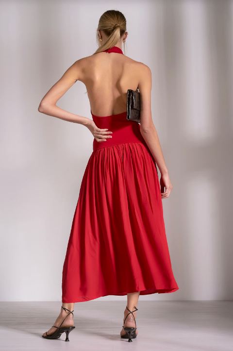 Red sleeveless high-neck maxi dress, open back with gathered pleated skirt