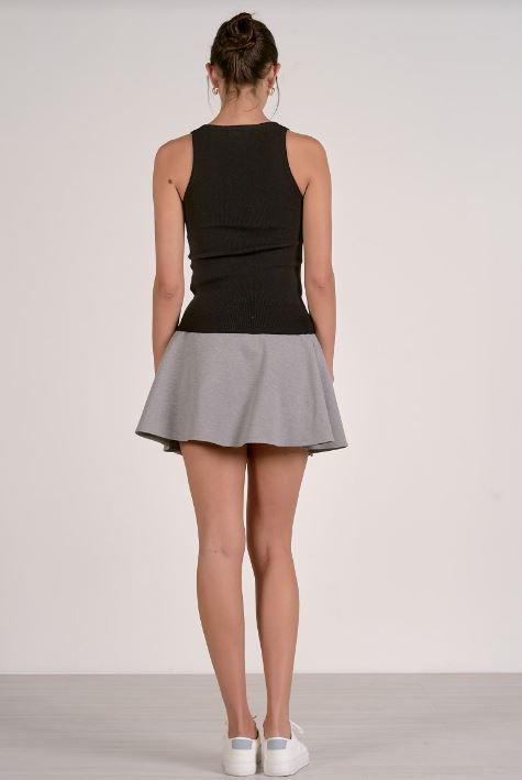Black knit tank top, racerback back view, ribbed hem and neckline