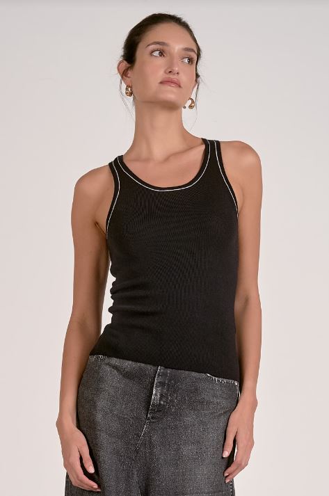 Black knit tank top with contrast white trim at neckline and armholes, scoop neck
