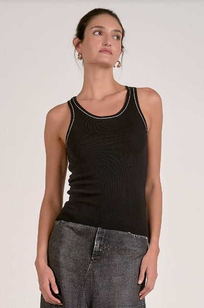 Black knit tank top with contrast white trim at neckline and armholes, scoop neck