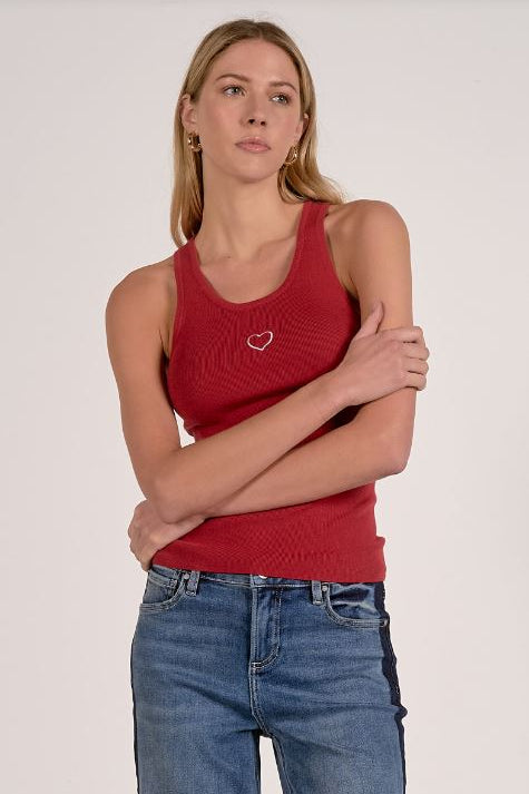 Red knit tank top with contrast heart detail, scoop neck, ribbed trim