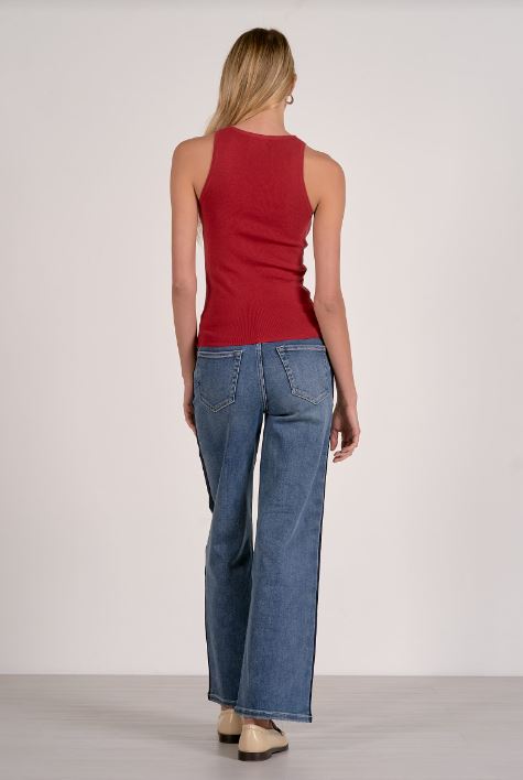 Red knit tank top, racerback back view, ribbed scoop neckline