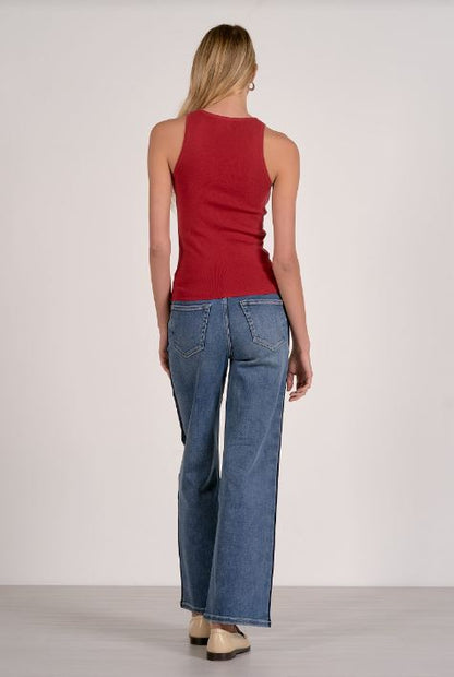 Red knit tank top, racerback back view, ribbed scoop neckline