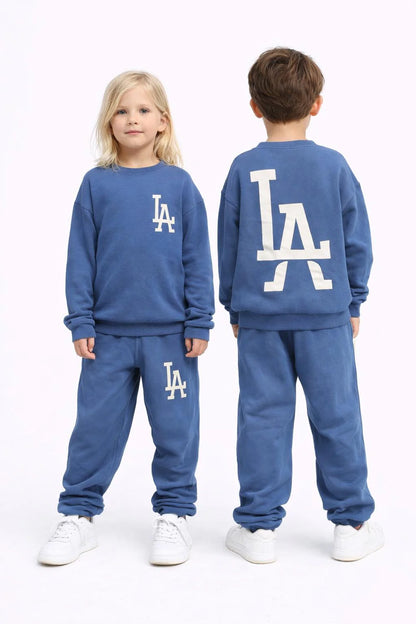 LA CREWNECK+PANT SET IN VINTAGE BLUE FRONT AND BACK VIEW