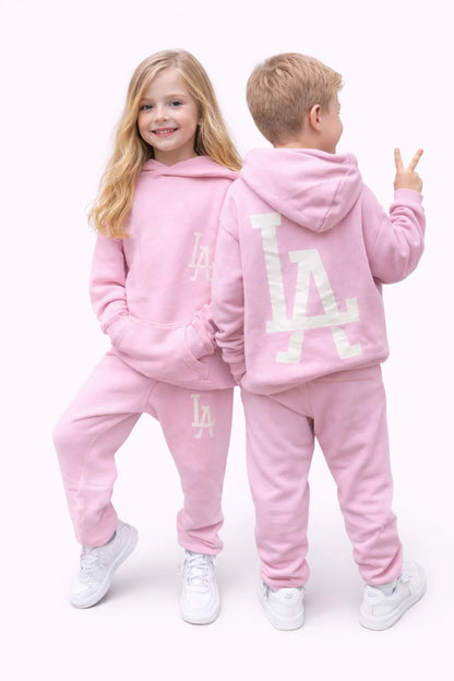 LA HOODIE+PANT SET IN PINK FRONT AND BACK VIEW