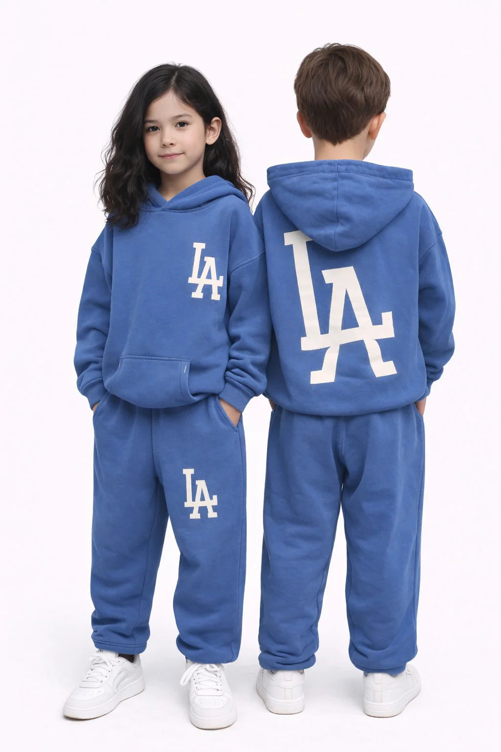 LA HOODIE+PANT SET IN VINTAGE BLUE FRONT AND BACK VIEW