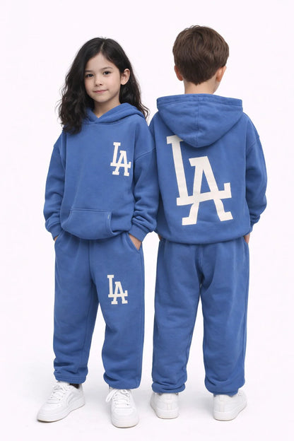 LA HOODIE+PANT SET IN VINTAGE BLUE FRONT AND BACK VIEW