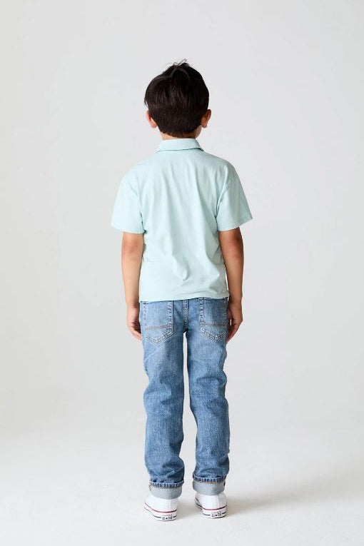 Tee time button up polo in blue whale back view