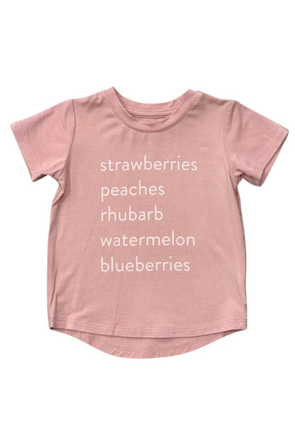 Short sleeve tee, text strawberries, peaches, rhubarb, watermelon, blueberries, in pink