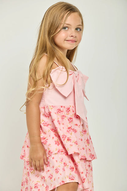 Petal bow ruffle dress in pink side view