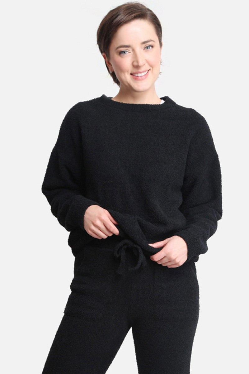 SOLID SWEATER WITH DRAWSTRING IN BLACK FRONT VIEW