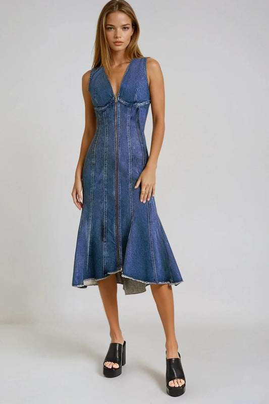 PANELLED DENIM DRESS IN DARK DENIM FRONT VIEW