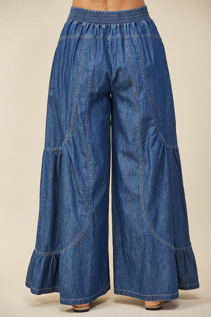 Mid denim wide-leg palazzo pants, elastic waist, patchwork-style seam panels