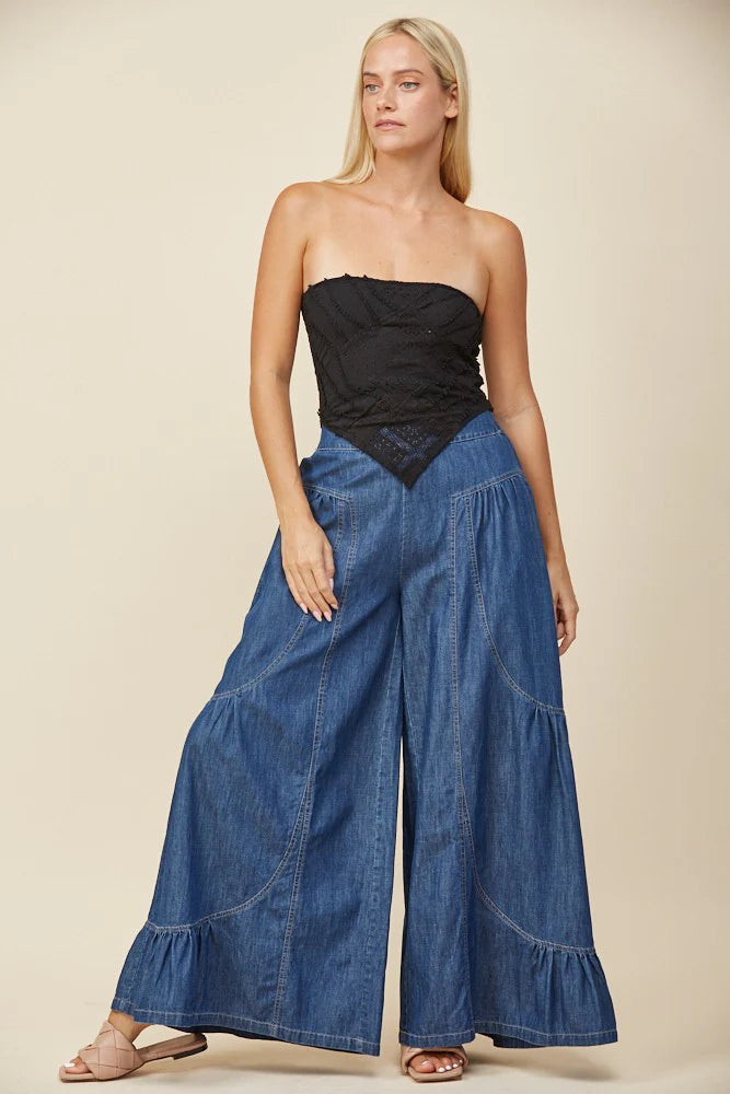 Mid denim wide-leg palazzo pants, tiered flared hem and seam details