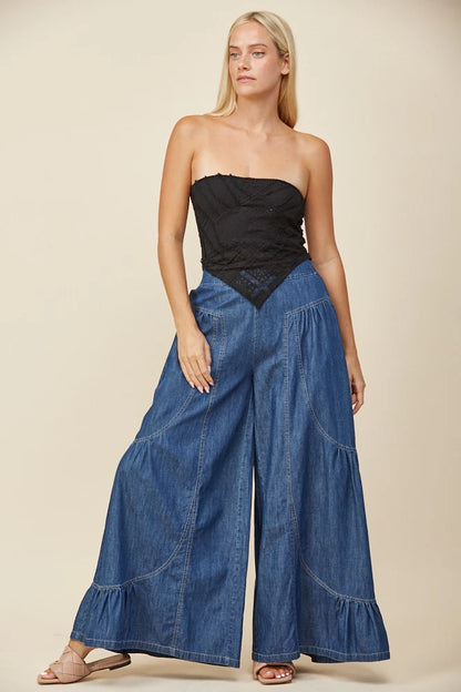 Mid denim wide-leg palazzo pants, tiered flared hem and seam details